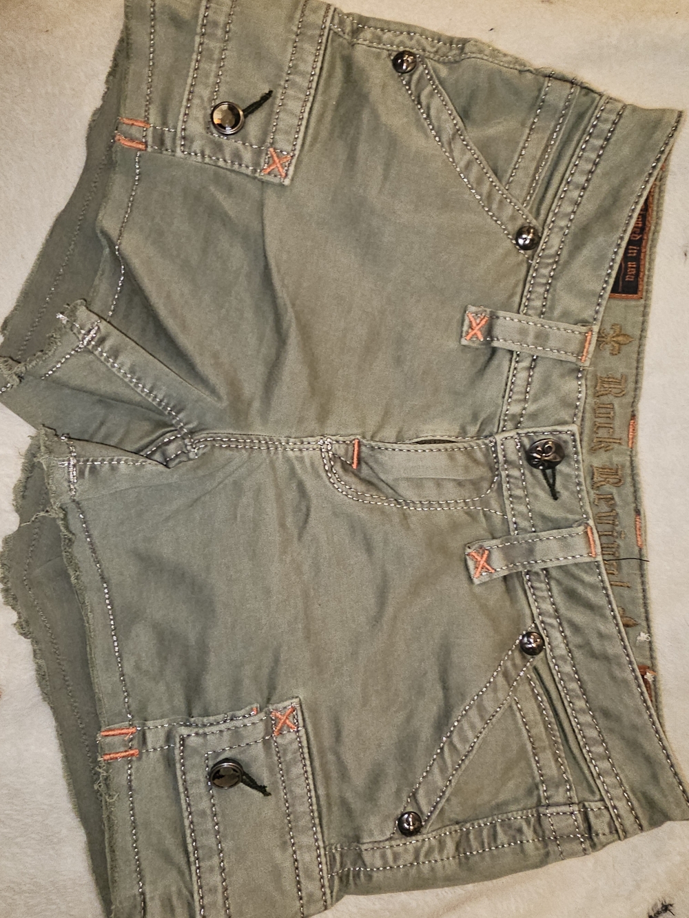 Rock Revival Olive Green Jean Short with Contrast Orange Stitching